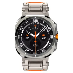 Close-up view of the rugged metal connector and durable silicone watch strap for 47mm.