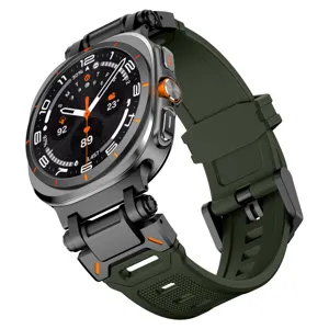 Rugged silicone watch strap and metal case for smartwatch, durable and comfortable design.