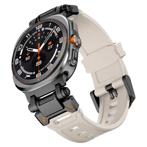Rugged smartwatch metal case with beige silicone strap detail view, outdoor design, high quality.