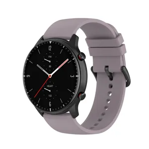 Close-up view of the smooth round-tail silicone watch strap in grey-purple with metal buckle.