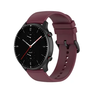 Universal silicone smartwatch replacement strap with secure buckle in stylish wine red color.