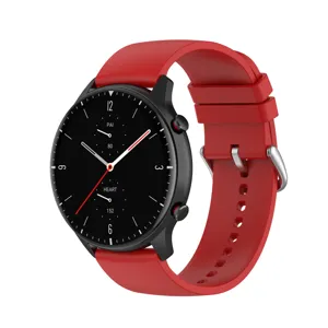 Smartwatch replacement strap with bright red silicone band and black dial design for daily use.