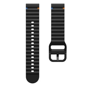 Wavy silicone watch band detail featuring black ridged texture and contrast stitching.