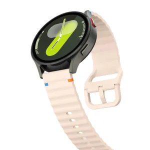 Silicone watch strap with wave design and colorful stitches for smartwatches detail view.