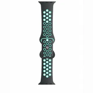 Silikon Sportarmband fuer Apple Watch, atmungsaktives Lochdesign, grau und tuerkis, weich.