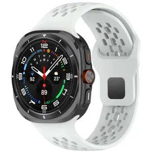 Silicone strap for sports smartwatch, breathable perforated design, white replacement band.
