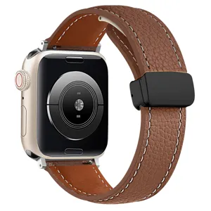 Cinturino per Orologio in Pelle con Motivo Litchi e Fibbia Pieghevole Magnetica Compatibile con Apple Watch Ultra