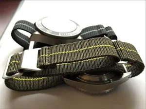 Parachute style nylon elastic watch strap detail view, adjustable 20mm 22mm tactical band.
