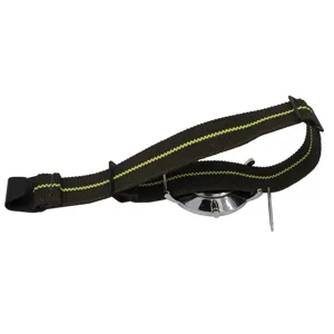 Detail view of military green nylon elastic watch strap with bright yellow accent line.
