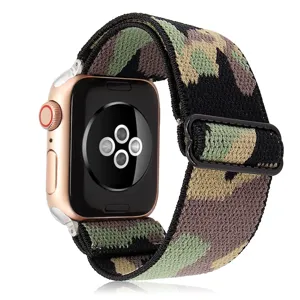 Correa de reloj de nailon elástico de camuflaje para Apple Watch, hebilla metálica ajustable.