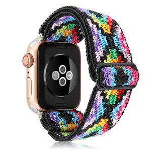 Correa de reloj elástica tejida bohemia para Apple Watch, correa étnica colorida ajustable.