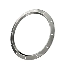 Gedetailleerd overzicht van de zilveren metalen horlogebezel beschermring met inkepingen.