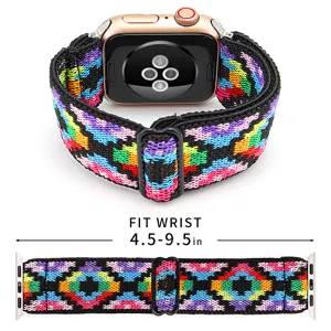Correa de reloj elástica tejida bohemia para Apple Watch, ajustable de 4.5 a 9.5 pulgadas.