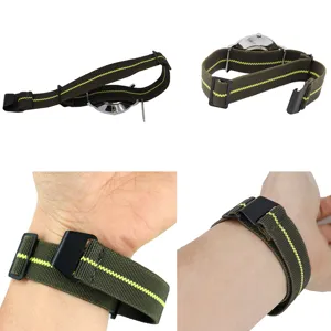 Military parachute nylon elastic watch band with black hardware and center stripe for 20 22mm