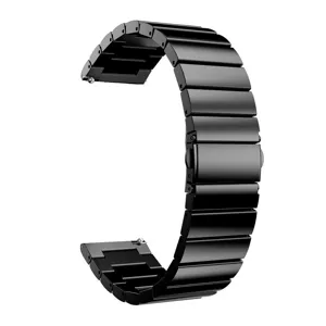 Black stainless steel watch band detail, durable metal link replacement strap with butterfly clasp.