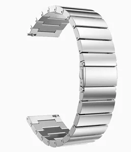Stainless steel metal watch band compatible with smartwatches, featuring a secure butterfly clasp.