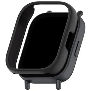 Zwarte PC beschermhoes met uitsparing voor smartwatch, detailweergave van bumper accessoire.