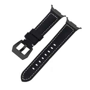 Schwarzes Lederarmband Ersatz mit weißen Nähten und schwarzer Schnalle für Smartwatch.