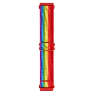 Vista dettagliata del cinturino per orologio in nylon elastico arcobaleno con fibbia.