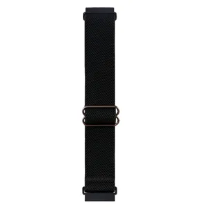 Primo piano dettagliato del cinturino per orologio elastico nero regolabile con fibbia metal.