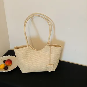 Κλασική πλεκτή τσάντα shopper για γυναίκες, κομψή μπεζ δερμάτινη τσάντα ώμου με διπλά χερούλια.