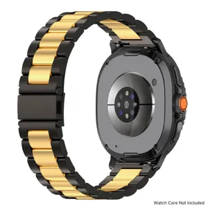 Correa de reloj de metal de acero inoxidable con cierre plegable, color negro y oro elegante.