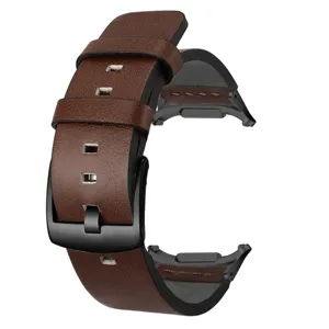 Cinturino per orologio in pelle marrone con fibbia e connettori in metallo nero vista principale