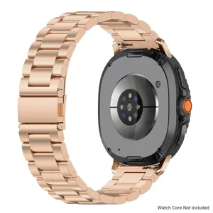 Correa de reloj de metal de acero inoxidable color oro rosa con detalle de caja primer plano