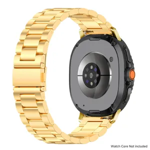 Detalle de correa de reloj de acero inoxidable dorada, eslabones metálicos y cierre plegable seguro.