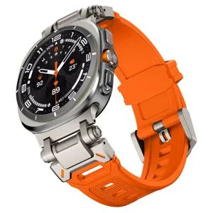 Detail view of durable metal connector and bright orange TPU silicone replacement watch strap.