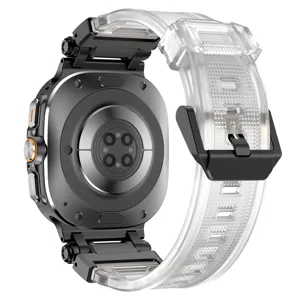 Detailed view of the clear TPU silicone watch band with black metal connector for smartwatches.
