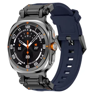 Metal lug TPU silicone watch strap and protective case for rugged smartwatch, dark blue.