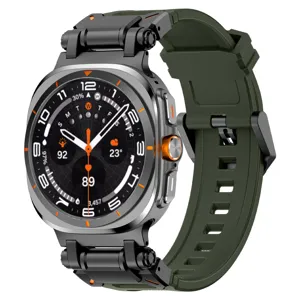 Rugged metal case and military green silicone watch strap detail, durable watch accessory.