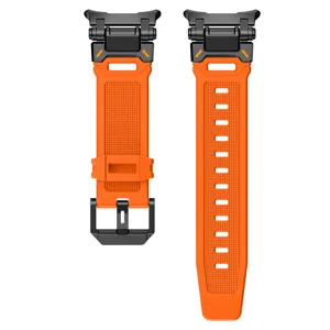 Rugged orange silicone watch band replacement for outdoor smartwatches with metal connectors.