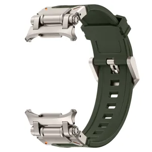Green silicone smartwatch replacement strap with metallic connectors and sturdy buckle.