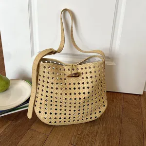 Borsa a tracolla intrecciata chic da donna, elegante design traforato, borsa beige casual.