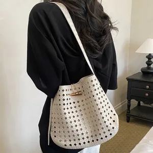 Borsa a spalla intrecciata bianca minimalista da donna, elegante borsa a secchiello alla moda.