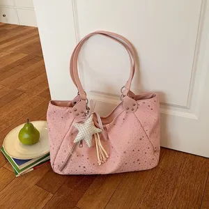 Pink star print tote bag, stylish shoulder bag for women, commuter handbag with star charm.
