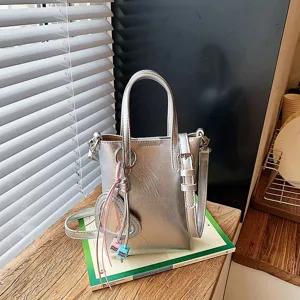Silver vertical crossbody phone bag, niche chic daily shoulder bag with metal handle.