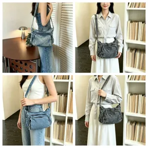 Vintage γυναικεία τσάντα χιαστί denim casual τσάντα ώμου με πολλές τσέπες καθημερινή χρήση