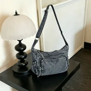 Vintage washed μαύρη τσάντα ώμου denim, casual crossbody τσάντα με πολλές τσέπες.