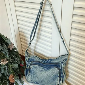 Vintage πλυμένη τσάντα χιαστί denim για γυναίκες, πρακτική καθημερινή τσάντα ώμου.