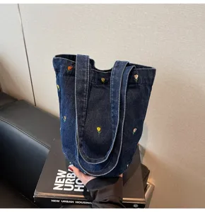 Sac seau en denim décontracté avec de jolies fleurs de tulipes brodées, sac cabas élégant.