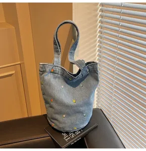 Sac seau chic en denim brode de tulipas sac a main et sac de voyage pour dames chic