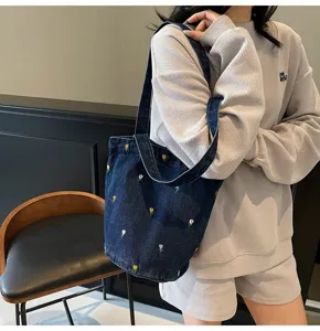 Sac seau en denim élégant avec broderie de tulipes mignonne, sac bandoulière polyvalent.