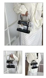 Bolso de mano tipo caja transparente con lazo de encaje perla y cadena, elegante bolso de verano.
