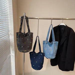 Sac seau en denim pour femme avec broderie tulipe sac cabas épaule décontracté sac à main