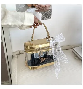 Bolso caja transparente estilo coreano con lazo de encaje y perlas, bolso bandolera de cadena dorada.