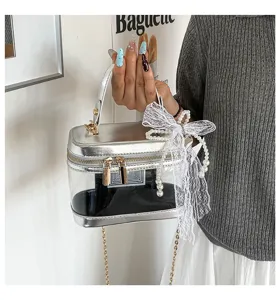 Bolso de mano transparente estilo coreano con lazo de encaje cadena de perlas verano