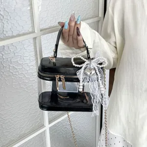 Bolso de mano caja transparente con lazo de encaje perlas y cadena para mujer moda verano.